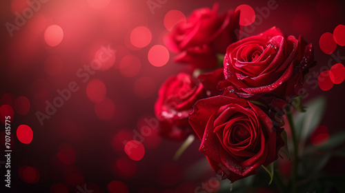 Romantic red close-up photo of roses with delicate bokeh on the background. Focused on the foreground. Valentine's Day Concept © soulless