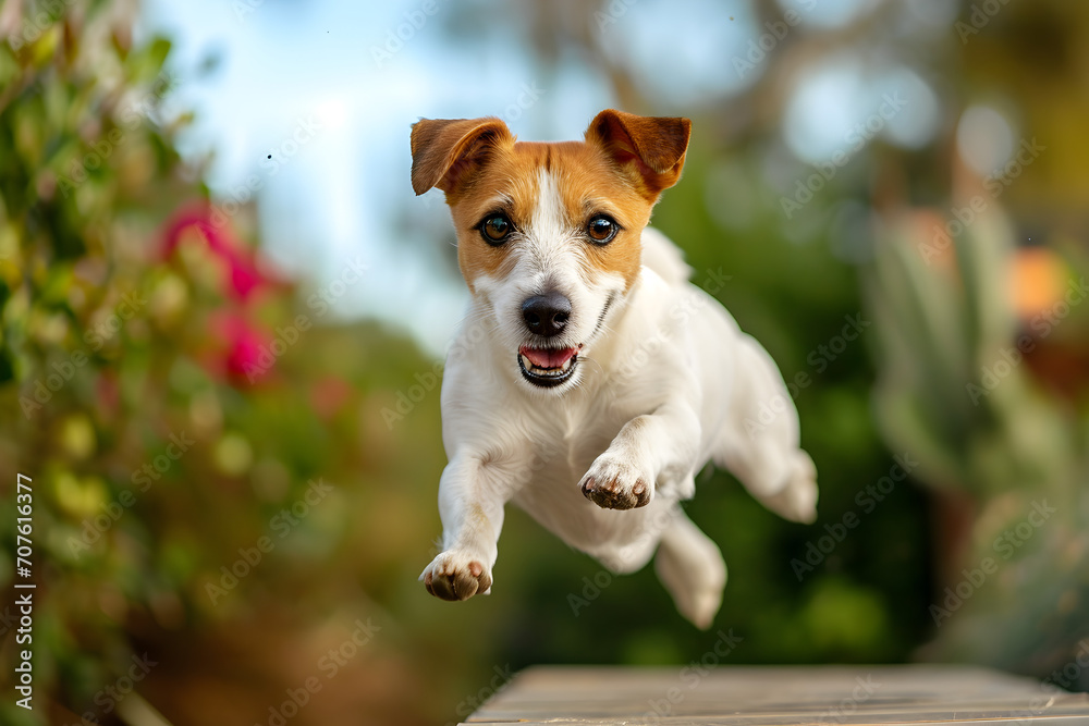 Playful Jack Russell Terrier Dog Jumping Over Fence in Garden