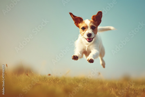 Playful Jack Russell Terrier Dog Jumping into a Sunlit Field with sky background