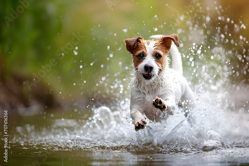 Tableau sur toile Playful Jack Russell Terrier Dog Running Through Water splashing