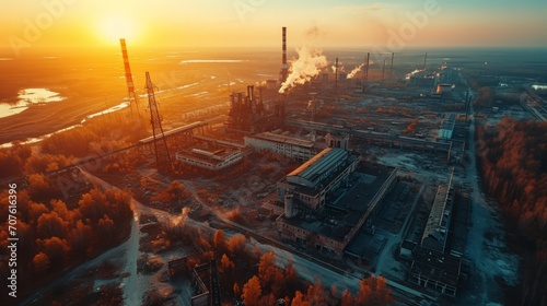 Aerial view of the Chernobyl nuclear power plant, desolate landscape, crumbling buildings, moody atmospheric tones, realistic depiction Generative AI © vadosloginov