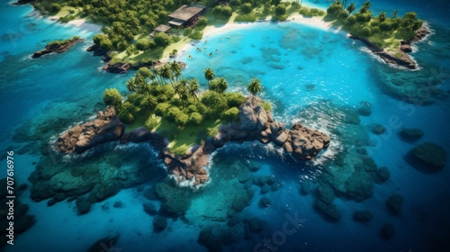 An overhead shot of an idyllic island oasis featuring coconut palms, secluded beaches, and vibrant coral reefs visible through the transparent blue waters Generative AI © vadosloginov