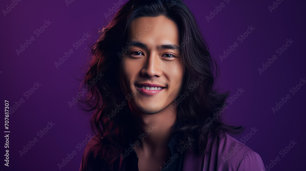 Elegant handsome smiling young Asian man with long hair, on purple background, banner, copy space, portrait. Elegant handsome smiling young Asian man with long hair, on purple background, banner, copy space, portrait.