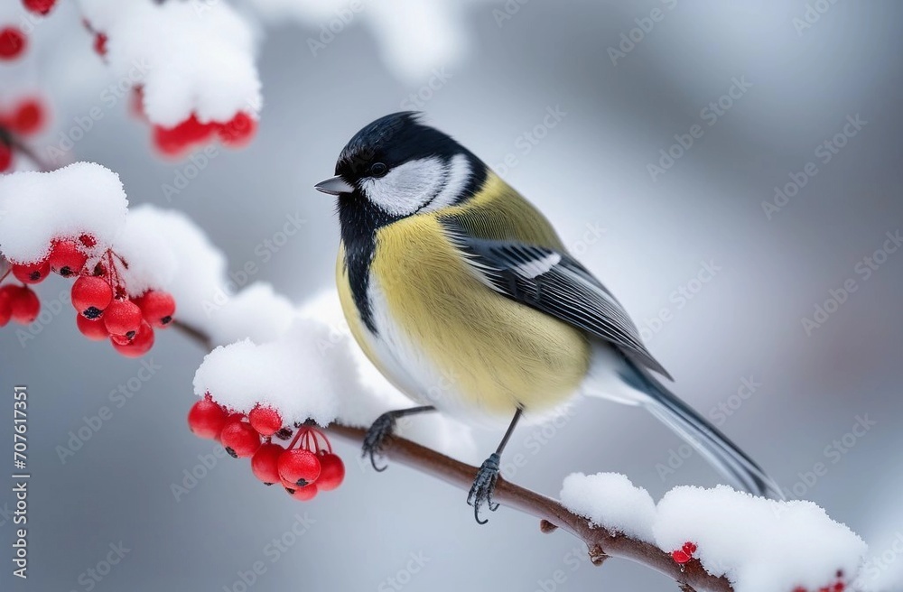Naklejka premium Little tit bird in the snow covered rowan branch.