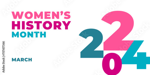 Women's History Month 2024. Text on the blue background with flowers. Banner, poster, illustration Women s History Month for social media. photo