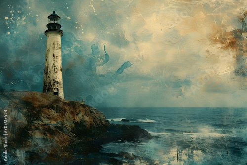 Grungy Lighthouse, Ocean Landscape Art (3:2)
