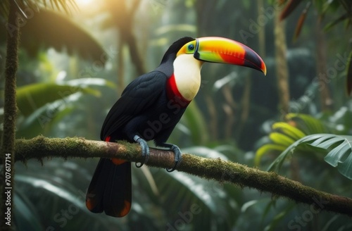 Toucan on a tree branch in rainforest.