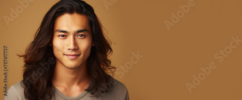 Elegant handsome smiling young Asian man with long hair, on beige cream, banner, copy space, portrait.