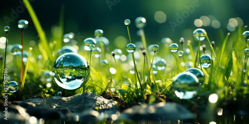 Water drops on green grass, close-up. Natural background.