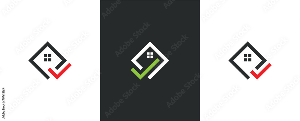 Home Check Mark Real estate Logo Concept icon symbol sign Element Design. Tick, Checkmark, Mortgage, building, Realtor, House Logotype. Vector illustration logo template - obrazy, fototapety, plakaty 