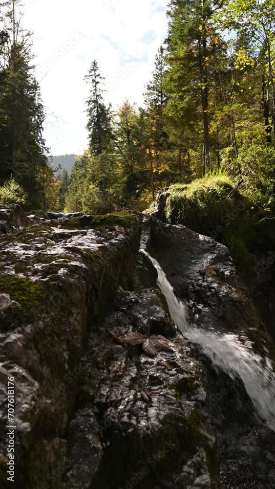 Vertical shot of rocks with a waterfall in an autumn forest Vertical shot of rocks with a waterfall in an autumn forest