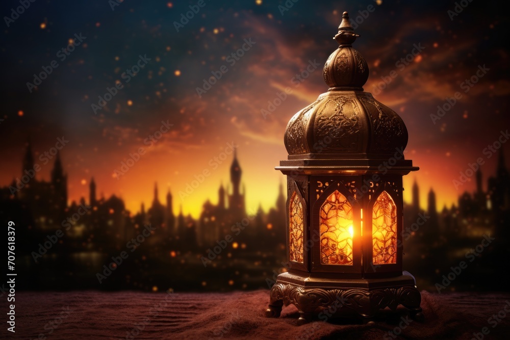 Ramadan kareem calligraphy, Ornamental Arabic lantern with burning candle glowing at night. Greeting card, invitation for Muslim holy month Ramadan Kareem. Ramadan kareem calligraphy, Ornamental Arabic lantern with burning candle glowing at night. Greeting card, invitation for Muslim holy month Ramadan Kareem.