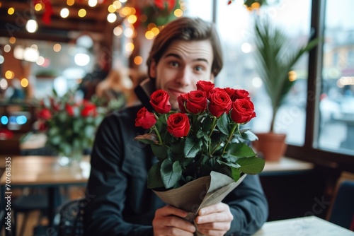 Romantic young guy with bouquet of red roses making unexpected surprise for his girlfriend at cafe