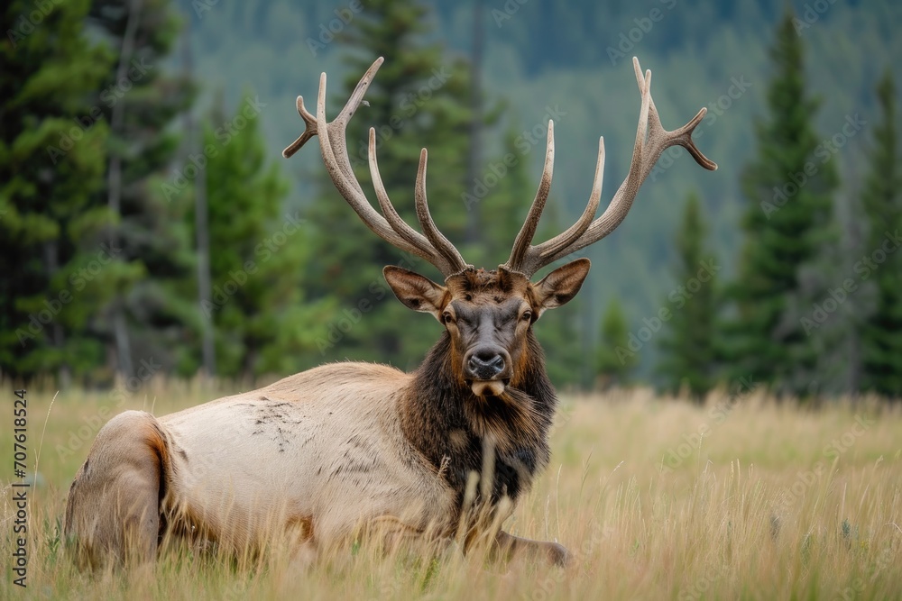 Deer with large antlers in a meadow in the summer. Deer with large antlers in a meadow in the summer.