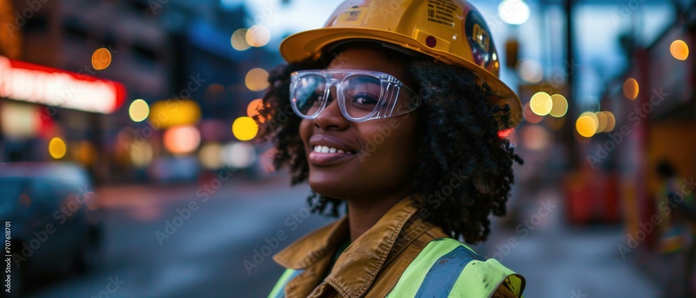 A woman wearing a hard hat and safety glasses. Generative AI.