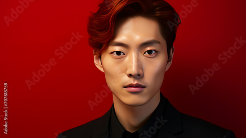 Elegant handsome young male Asian guy with short red hair, on a red background, banner, copy space, portrait.
