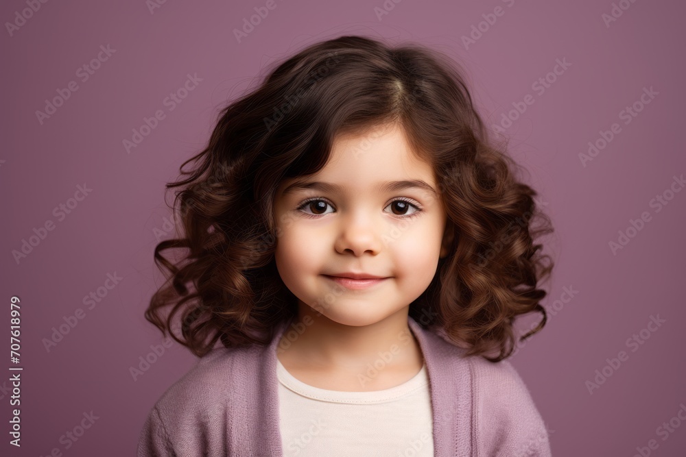 portrait of a cute little girl with curly hair on a purple background portrait of a cute little girl with curly hair on a purple background