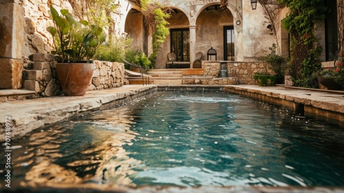 courtyard pool in a rustic house, natural stone, country-style surroundings, serene ambiance, detailed and picturesque depiction Generative AI