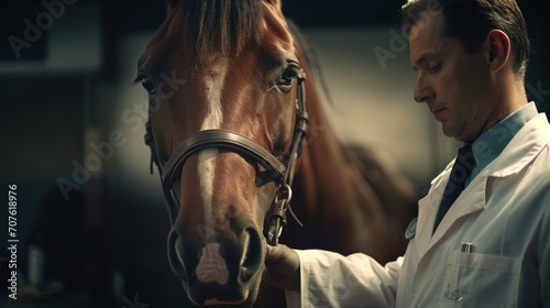 Close-up photograph of a veterinarian holding a stethoscope to a horse, kind and professional demeanor, stable setting Generative AI