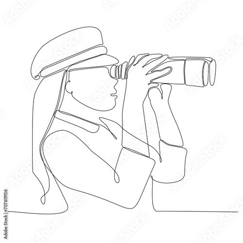 continuous line woman looking using binoculars vector illustration