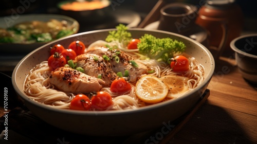 Close-up shot with selective focus on a bowl of chicken noodle soup, highlighting the steam and intricate textures of noodles and savory chicken chunks Generative AI