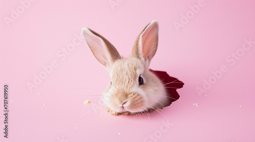 Easter bunny peeps out of the hole on pastel pink background. AI Generative