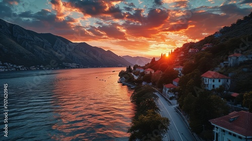 Curving coastline, drone's aerial view, painted sky, tranquil waters, hyper-realistic sunset over Boka Kotor Bay Generative AI photo