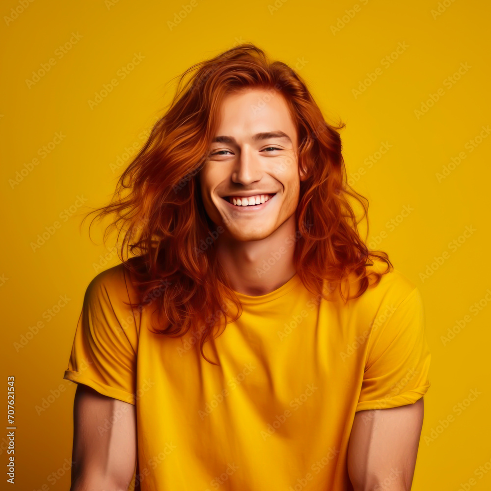 Handsome young male guy smile Asian with long red hair, on yellow orange background, banner, copy space, portrait. Handsome young male guy smile Asian with long red hair, on yellow orange background, banner, copy space, portrait.