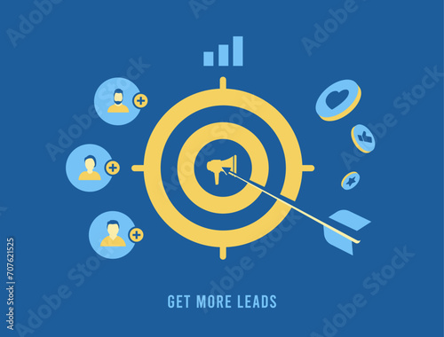 Get more leads. Strategic lead generation for higher conversion rates and increased revenue growth. Online sales optimization for targeting and acquiring new business leads. Flat Vector illustration