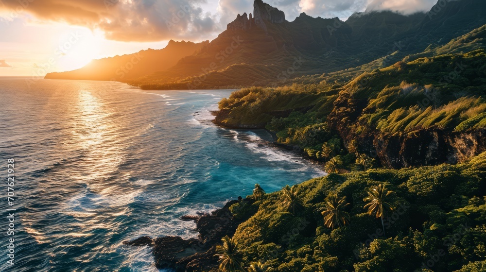 Dramatic island vistas, drone's altitude, sun setting, serene coastal beauty, high-definition sunset tableau in French Polynesia Generative AI