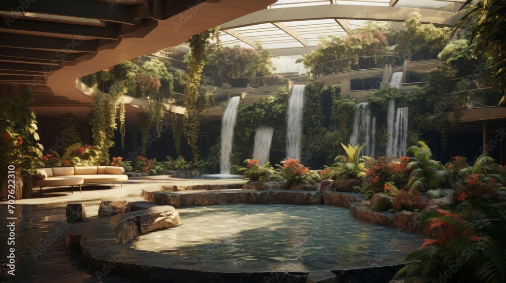 Elegant atrium featuring lush indoor gardens and cascading water features. Generative AI