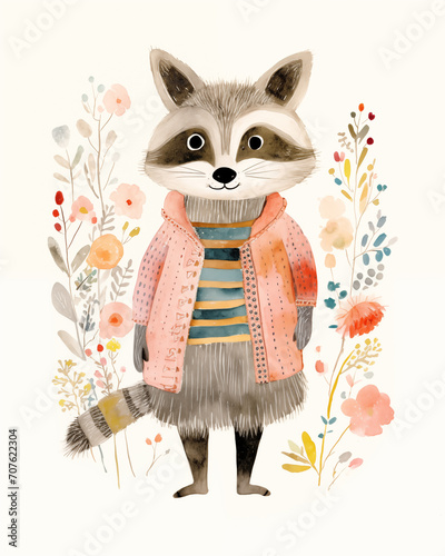 raccoon portrait with flowers, wearing clothes / dress, cute watercolor illustration, woodland animals, bohemian boho poster wallpaper drawing