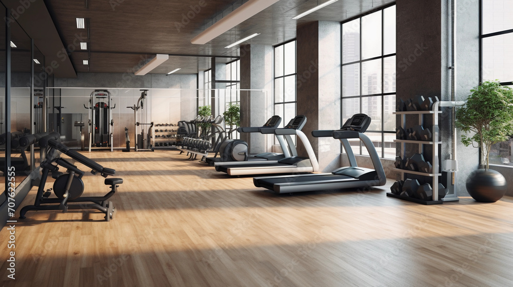 Modern interior of gym with exercise equipment Modern interior of gym with exercise equipment