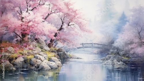 Enchanting cherry blossom gardens. aquarelle Generative AI