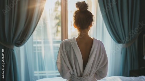 A woman wearing white bathrobe opening curtains in luxury hotel room. photo