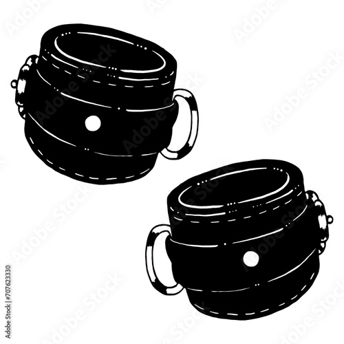 BDSM hand drawn cuffs in black and white colors. White background