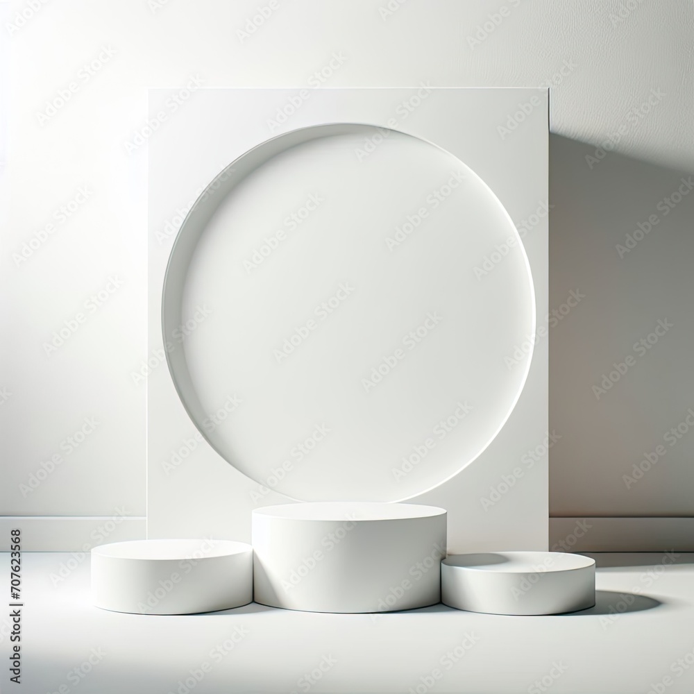 A backdrop in a studio setting featuring a white background and an abstract platform designed for presenting products. An unoccupied space with shadows cast by the podium, creating a blurred backdrop A backdrop in a studio setting featuring a white background and an abstract platform designed for presenting products. An unoccupied space with shadows cast by the podium, creating a blurred backdrop