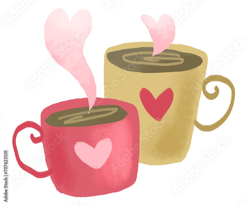 cups of chocolate or coffee with hearts