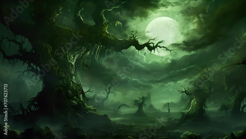 A vile green mist creeps along the treetops cloaking the stars and moon and sending chills down the spine with every gust of wind. photo