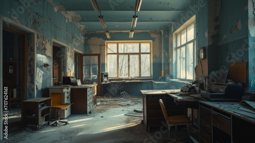 Inside Chernobyl's administrative building, abandoned offices, remnants of the past, eerie lighting, detailed linework Generative AI