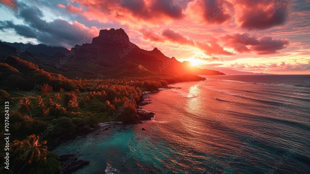 Island beauty, drone's perspective, vibrant sunset hues, serene coastal vista, photorealistic dusk over French Polynesia Generative AI