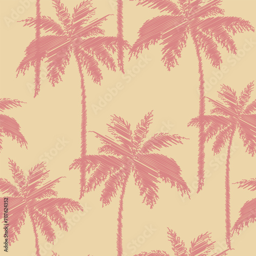 Vintage tropical seamless pattern with hand drawn scribble palm tree