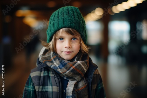 Portrait of a cute little boy in a hat and scarf. © Inigo