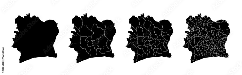 Set of isolated Cote d Ivoire maps with regions. Isolated borders, departments, municipalities.