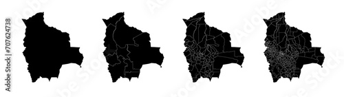 Set of isolated Bolivia maps with regions. Isolated borders  departments  municipalities.