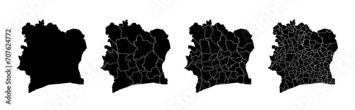 Set of isolated Cote d Ivoire maps with regions. Isolated borders, departments, municipalities. photo