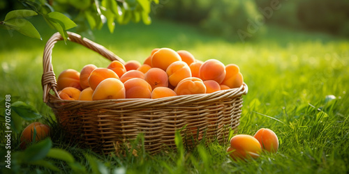 Basket with apricots in the garden on a background of greenery  sunlight  Basket with apricots in the garden  Wicker basket of apricot on a green background. 