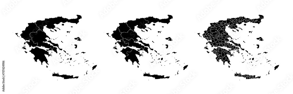 Set of isolated Greece maps with regions. Isolated borders, departments, municipalities.