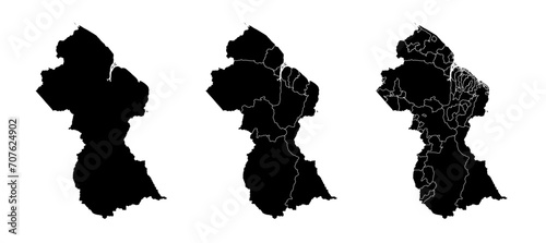 Set of isolated Guyana maps with regions. Isolated borders, departments, municipalities.