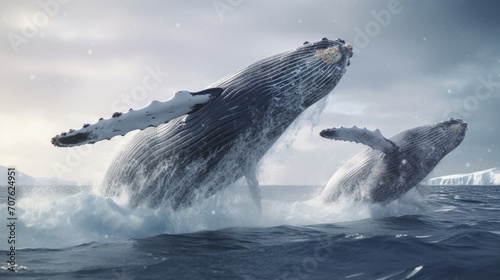 Majestic humpback whales breaching in the sea. Generative AI © vadosloginov